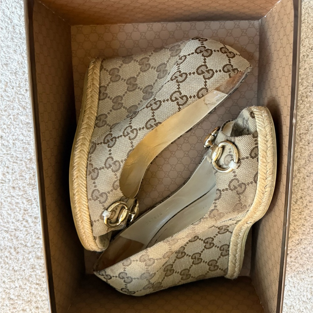 Gucci Brown Monogram Peep-Toe Wedge Espadrilles - Picture 11 of 12